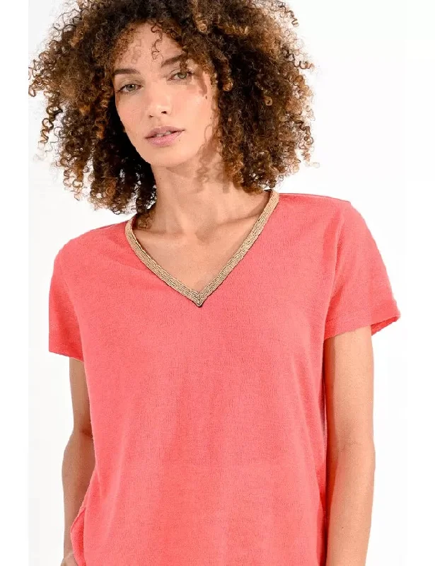 Gold trim v neck t coral