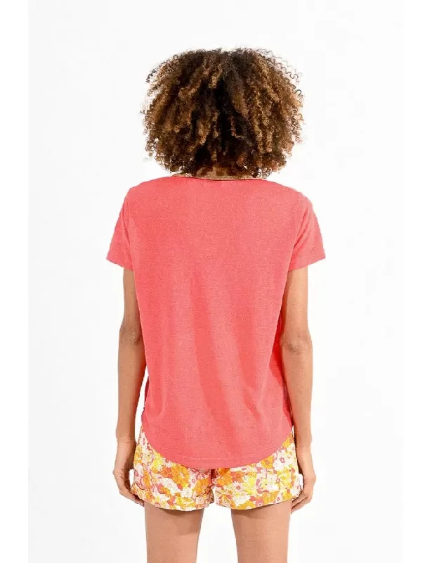 Gold trim v neck t coral