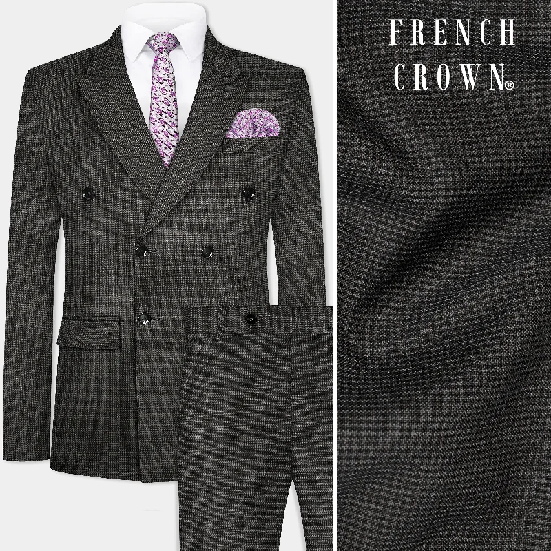 Iridium Brown Micro Checkered Wool Blend Double Breasted Suit