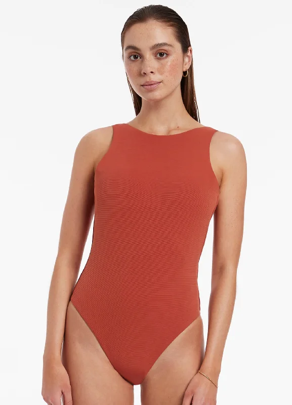 Isla Rib High Neck One Piece - Russet