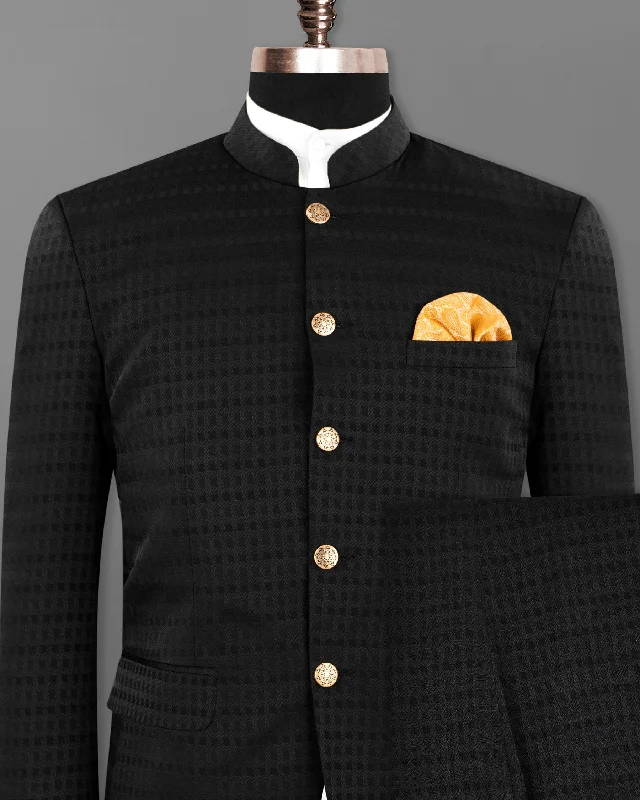 Jade Black Box Patterned Wool Rich Bandhgala/Mandarin Suit