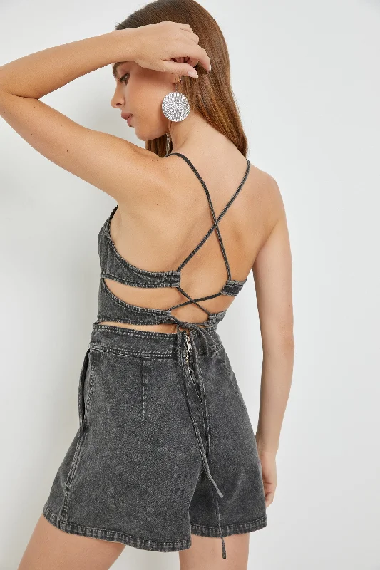 Just like Heaven Lace Up Back Corset Romper in Black