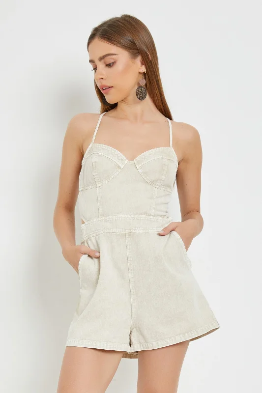 Just like Heaven Lace Up Back Corset Romper in Ecru