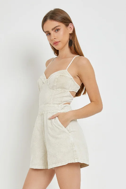 Just like Heaven Lace Up Back Corset Romper in Ecru