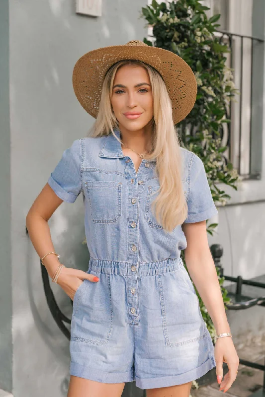 Light Wash Short Denim Romper - FINAL SALE