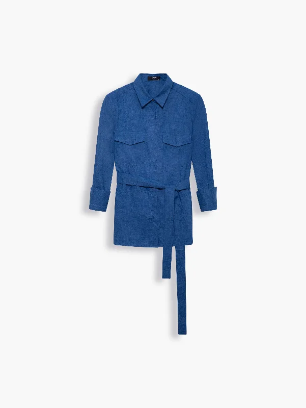 Linen-blend Belted Button Shirt in Denim Blue