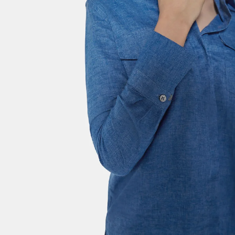 Linen-blend Belted Button Shirt in Denim Blue