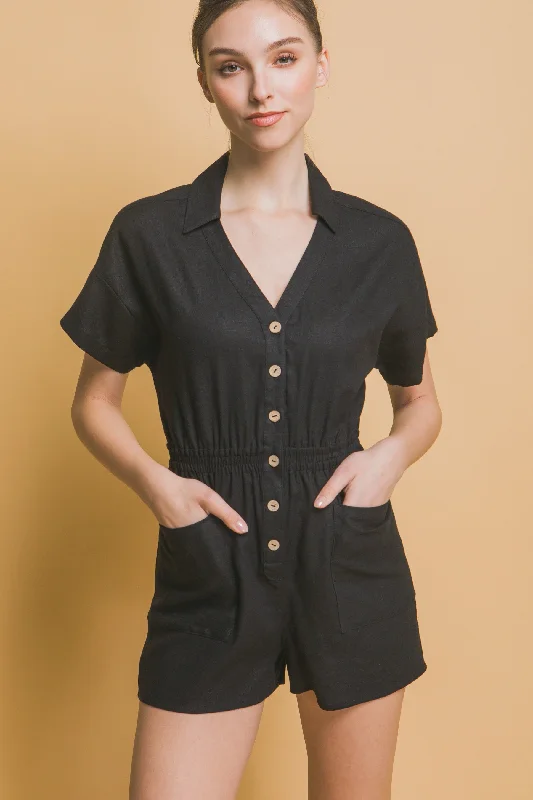 Bethanny Linen Button Romper in Black