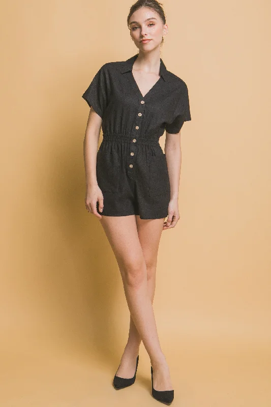 Bethanny Linen Button Romper in Black