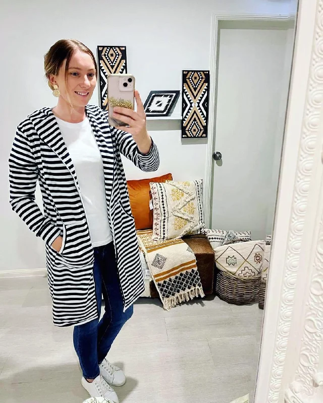 MC005 Women's Navy & White Stripe Hooded Cardigan