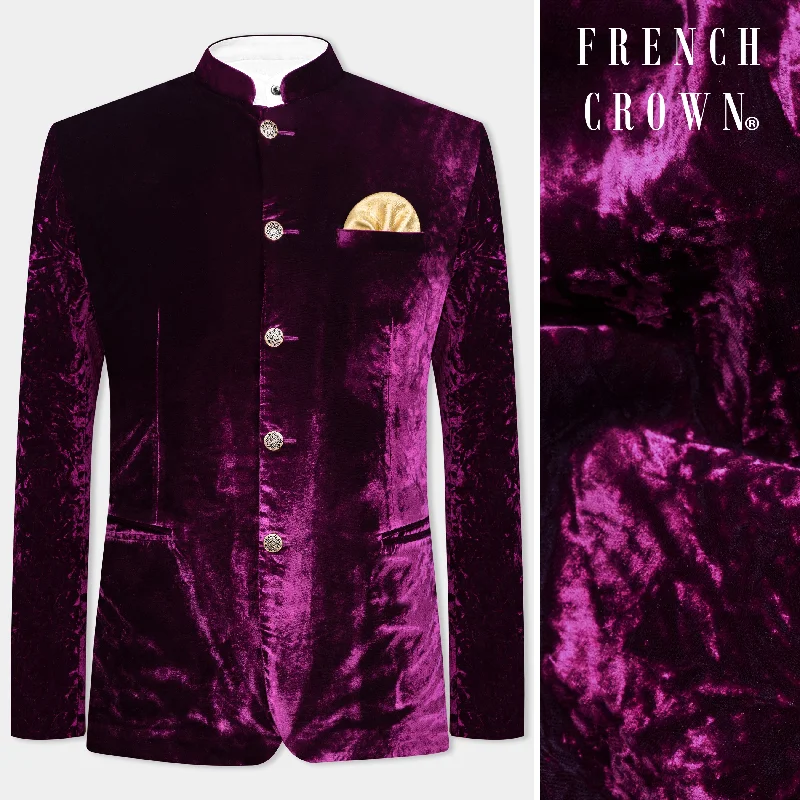 Melanzane Purple Crushed Velvet Bandhgala Blazer