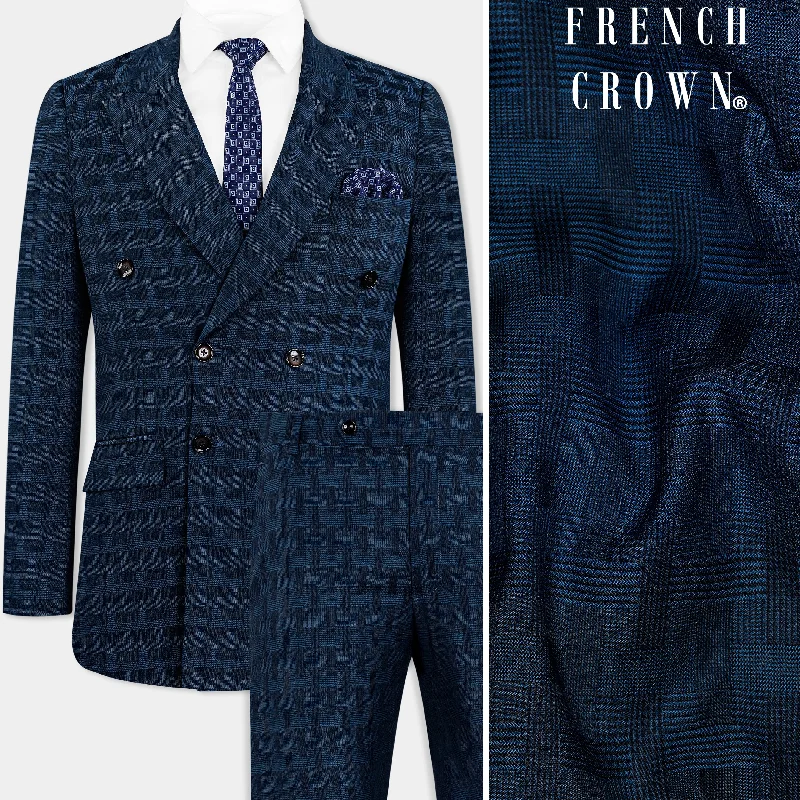 Midnight Blue with Nile Blue Jacquard Textured Double Breasted Suit