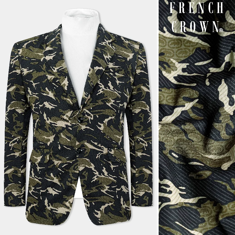 Mirage Black and Sage Green Printed Premium Cotton Single-Breasted Blazer