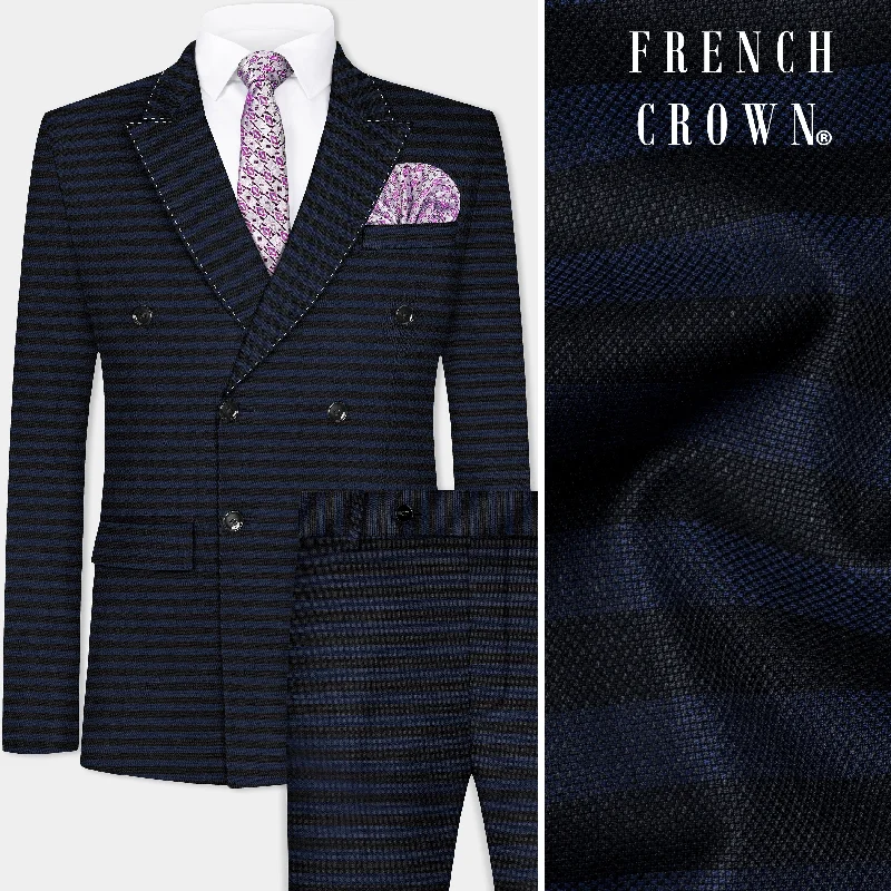 Mirage Blue and Black Horizontal Striped Wool Blend Suit