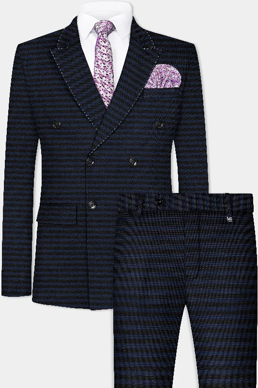 Mirage Blue and Black Horizontal Striped Wool Blend Suit