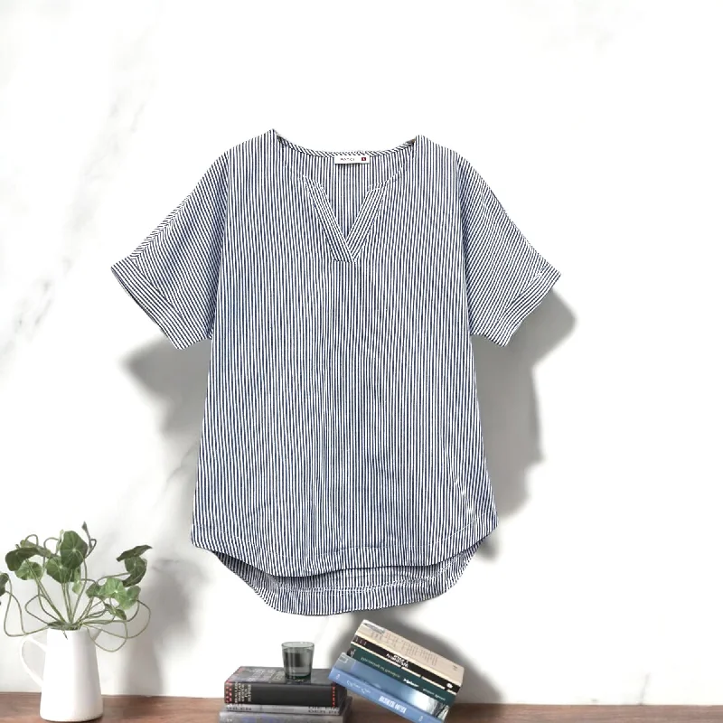 Patch Women Casual Short Sleeve V Neck Stripe Shirt