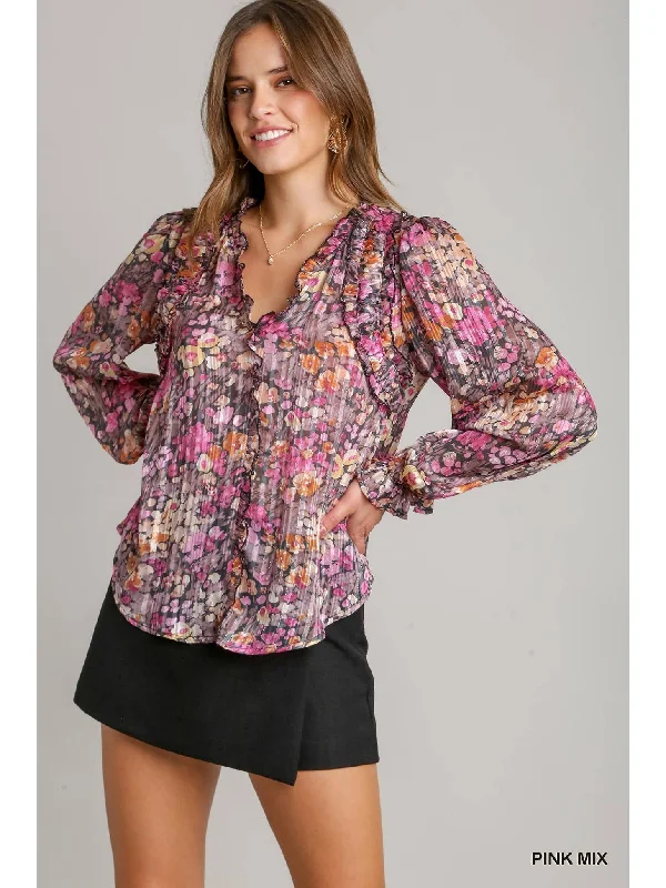 Pink Mix Lurex Ruffle V-Neck Printed Top