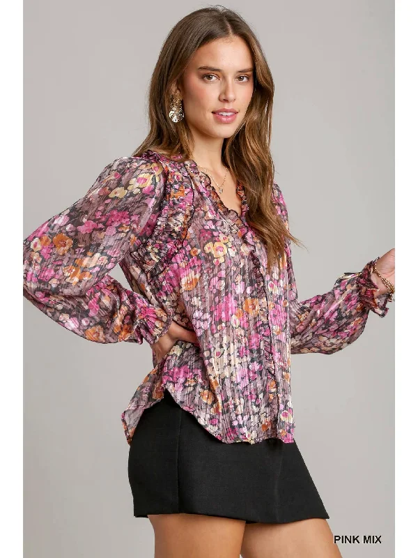 Pink Mix Lurex Ruffle V-Neck Printed Top