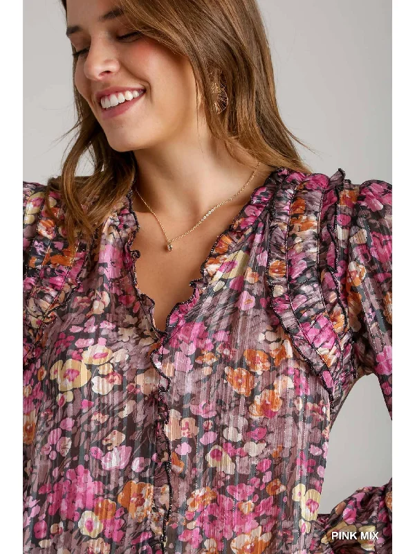 Pink Mix Lurex Ruffle V-Neck Printed Top