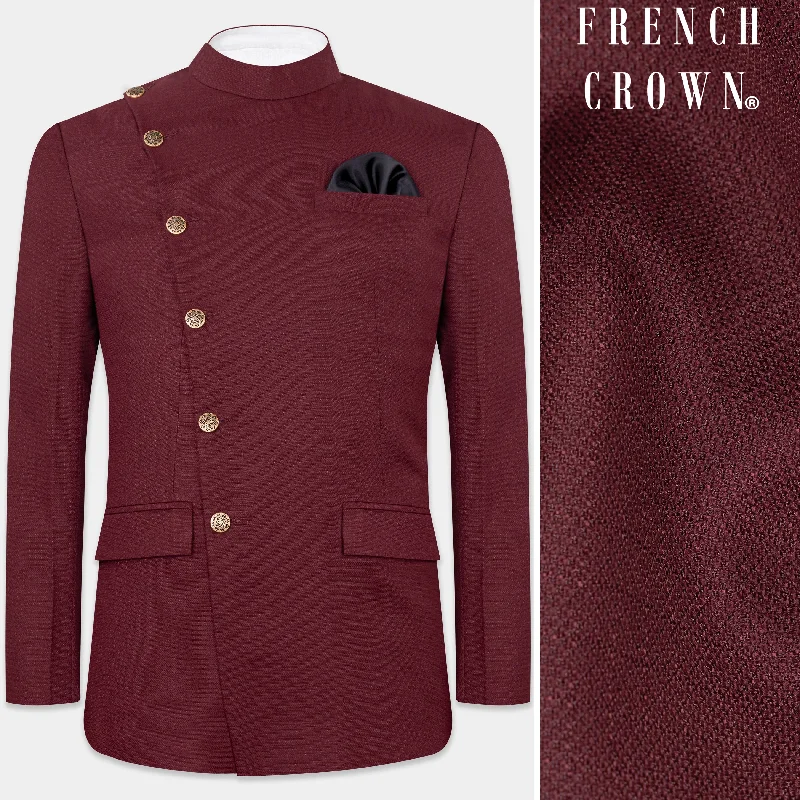 Maroon Dobby Textured Cross Placket Bandhgala Blazer