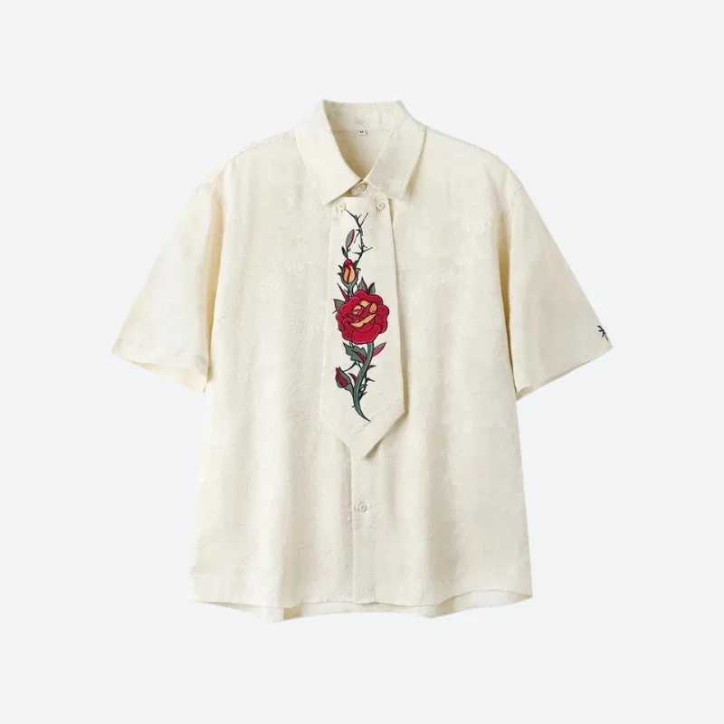 Rose Embroidery Tie Shirt