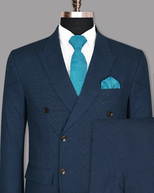 Royal Blue Subtle Checked Premium Cotton Double-Breasted Suit