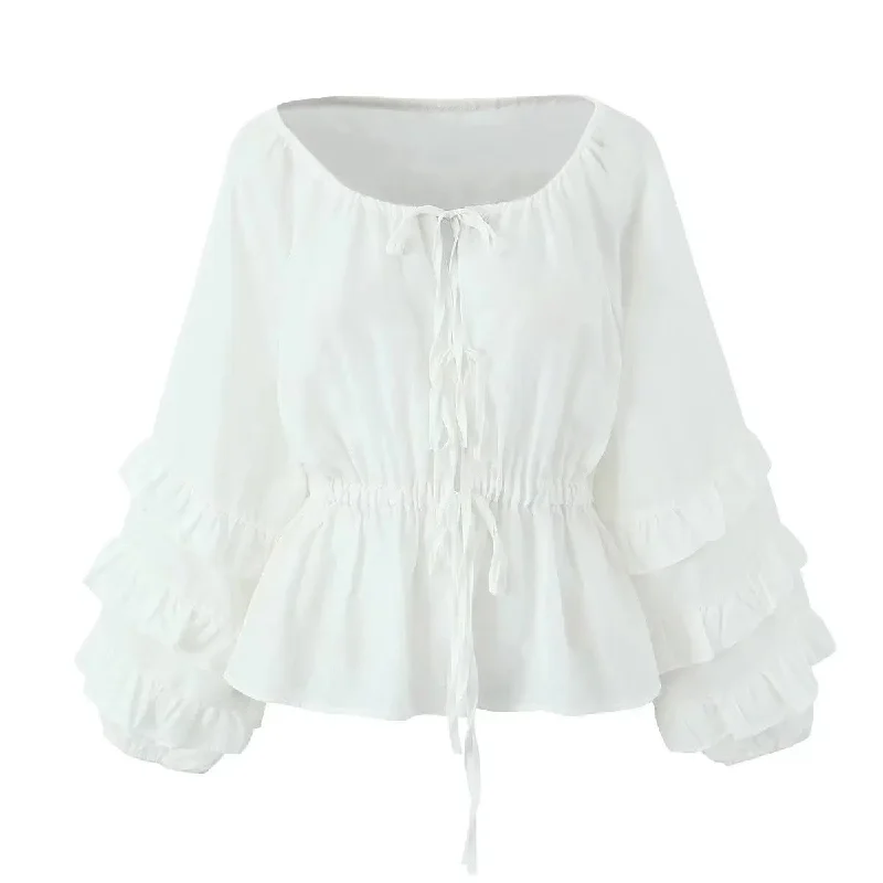 Ruffle Loose White Lace Up Casual Long Sleeve Street New Bandage T-shirt