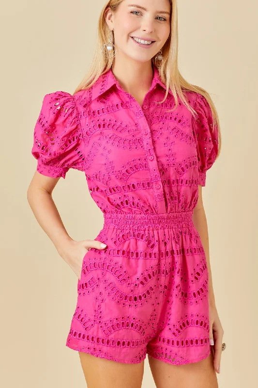 Run the World Puff Sleeve Eyelet Romper in Pink FINAL SALE