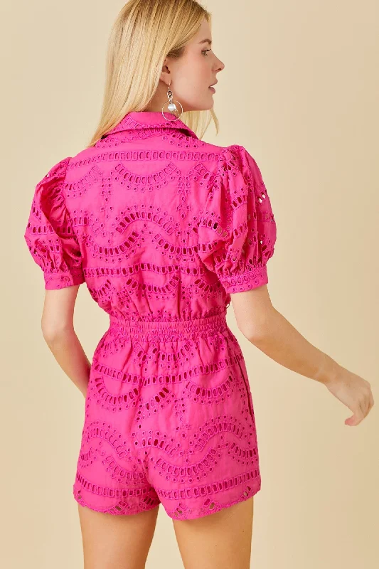 Run the World Puff Sleeve Eyelet Romper in Pink FINAL SALE