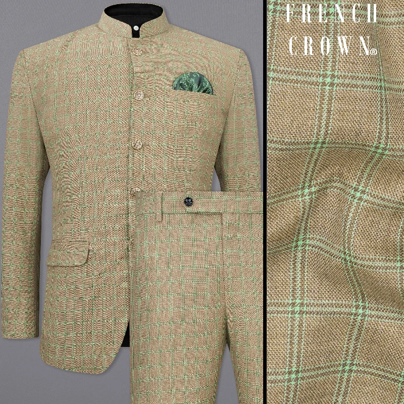 Sandrift Brown with Sprout Green Plaid Bandhgala Suit