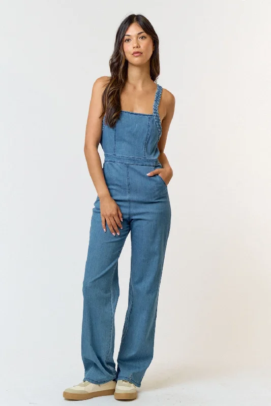 Season Starter Braided Strap Denim Jumpsuit FINAL SALE