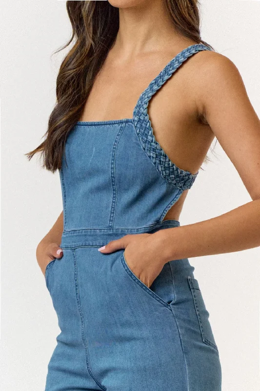 Season Starter Braided Strap Denim Jumpsuit FINAL SALE