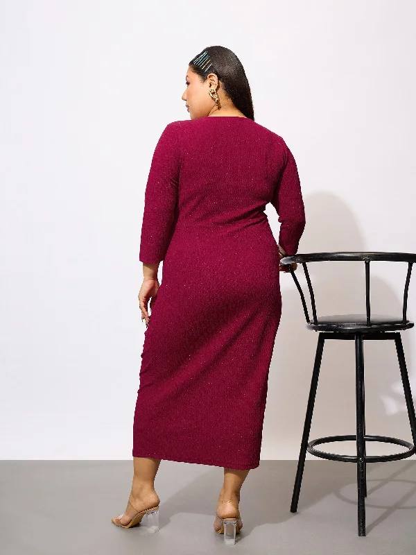 Women Maroon Glitter Front Ruched Bodycon Dress