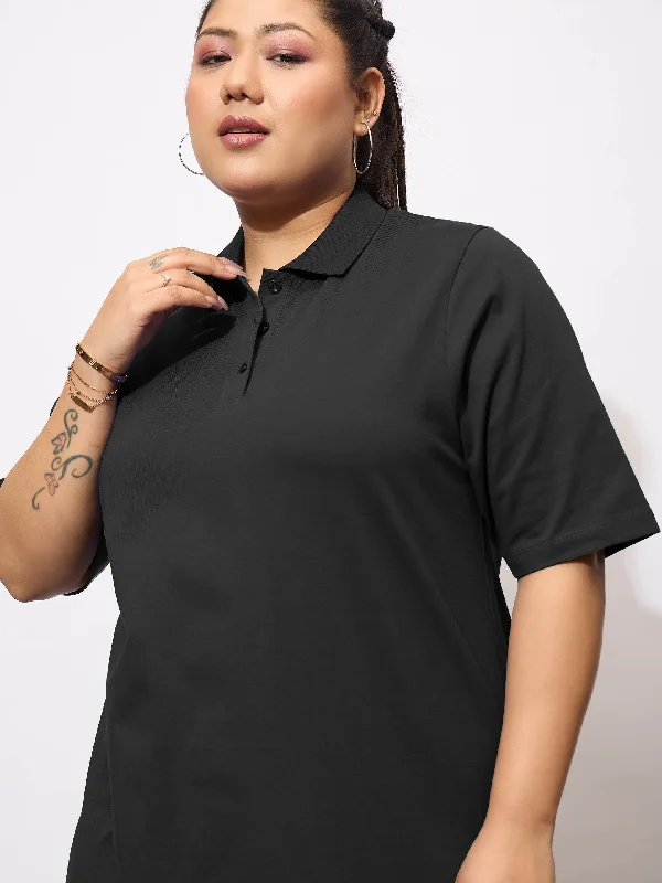 Women Black Polo Neck T Shirt Dress