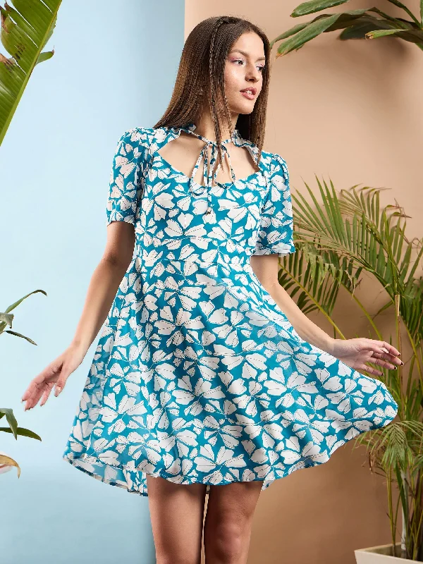 Women Blue Floral Rhombus Neck A-Line Short Dress