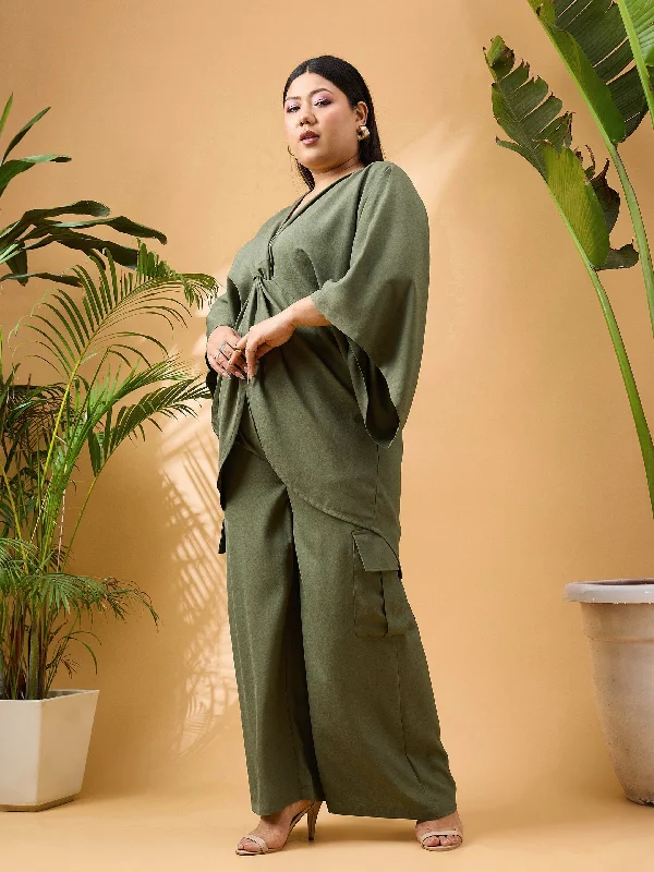 Women Olive Solid Front Knot Top With Cargo Pants