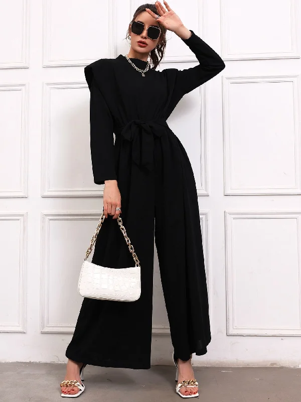 Shoulder Pads Belted Wide Leg Jumpsuit