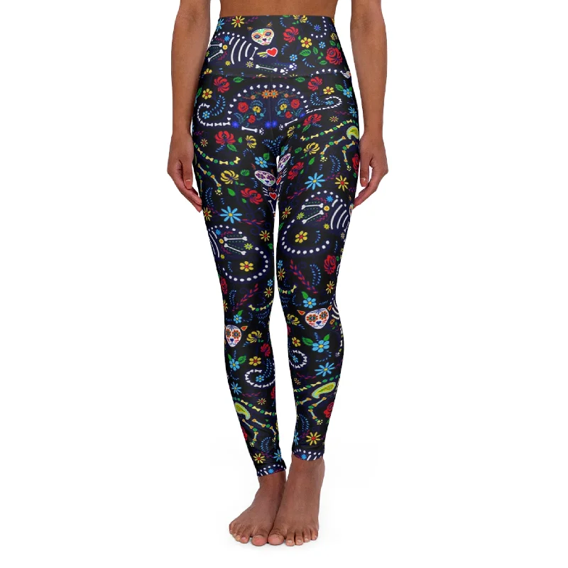 Sugar Skull Cat Floral High Waisted Yoga Leggings