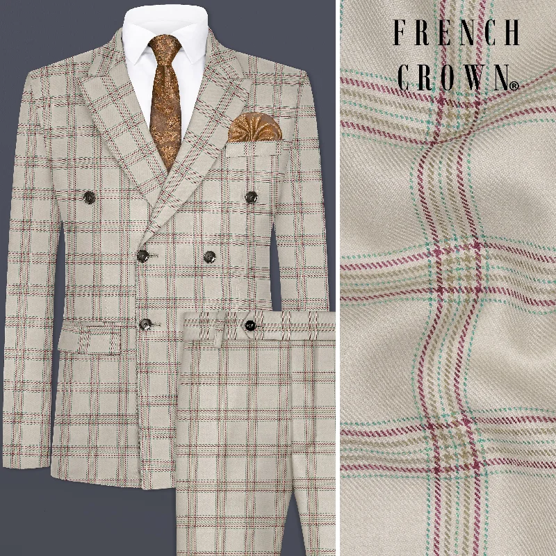 Swirl Cream with Maroon and Green windowpane Tweed Double Breasted Suit