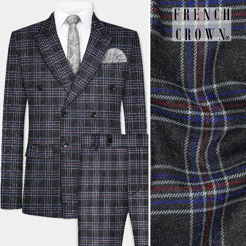 Tuatara Gray Multicolour Plaid Double Breasted Tweed Suit