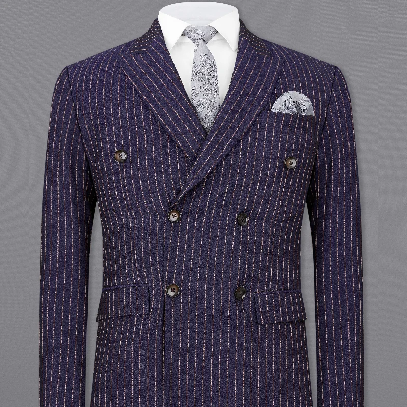 Tuna Navy Blue with Coral Reef Brown Striped Double-Breasted Blazer