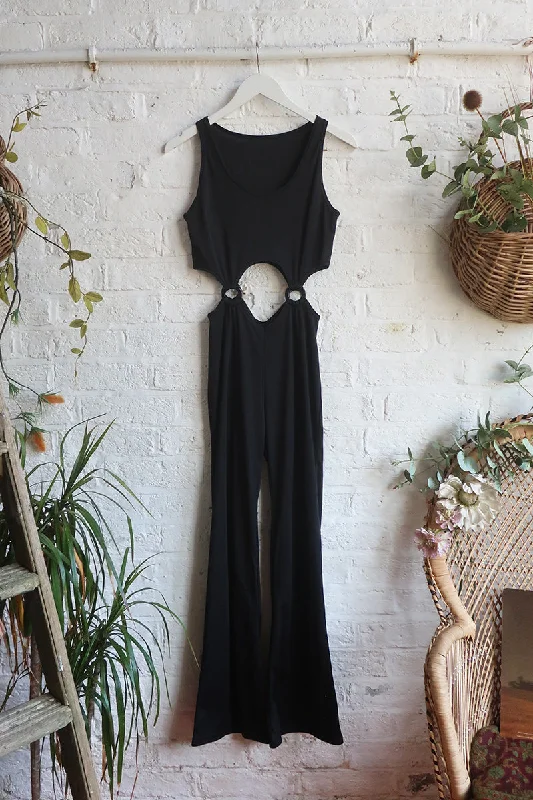 SALE Vintage Jumpsuit - Flared Ink Black Cut Out - Free Size S/M