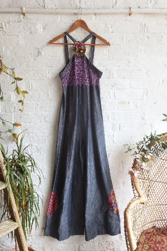 Vintage Jumpsuit - Indigo Flower Boogie Halter Neck - Size XS/S