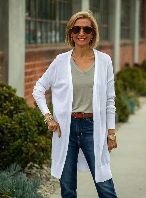 White Lightweight Open Front Long Cardigan