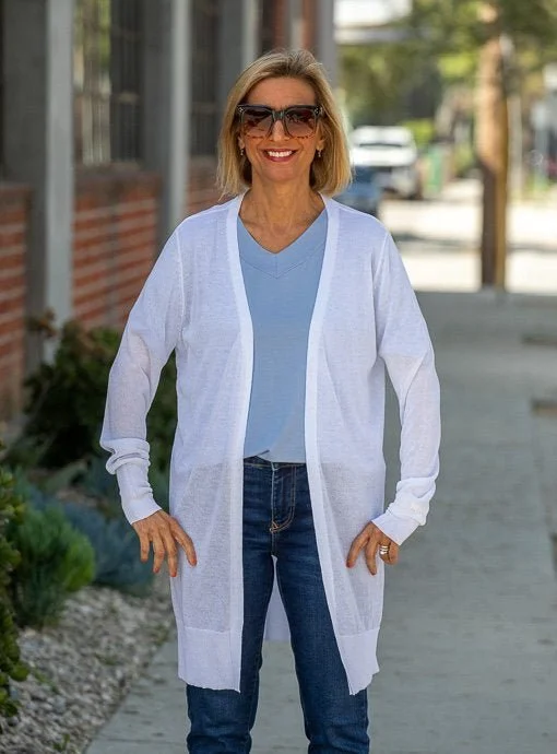 White Lightweight Open Front Long Cardigan