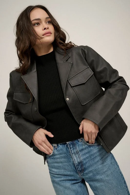 Faux Leather Collar Neck Pocket Jacket