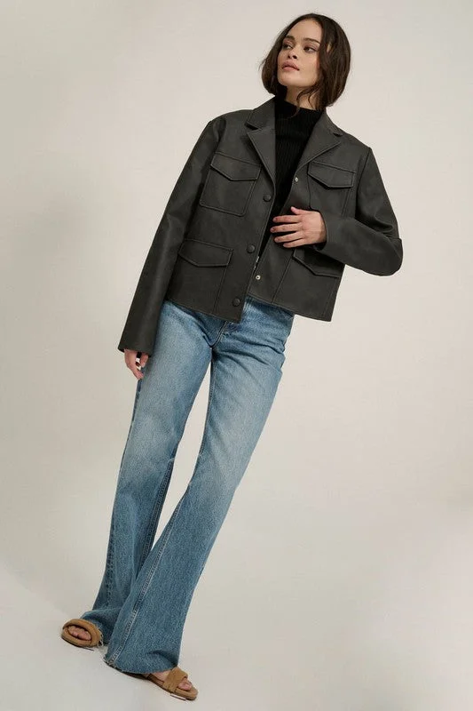 Faux Leather Collar Neck Pocket Jacket