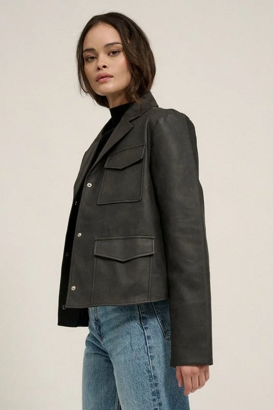 Faux Leather Collar Neck Pocket Jacket